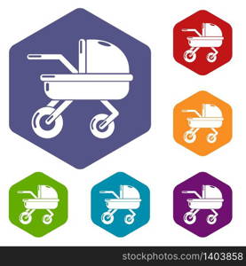 Baby carriage family icons vector colorful hexahedron set collection isolated on white. Baby carriage family icons vector hexahedron