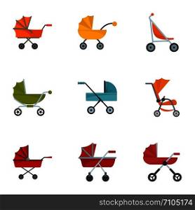 Baby carriage icon set. Flat set of 9 baby carriage vector icons for web design. Baby carriage icon set, flat style