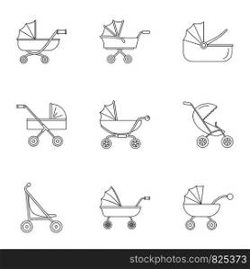 Baby carriage icon set. Outline set of 9 baby carriage vector icons for web design isolated on white background. Baby carriage icon set, outline style