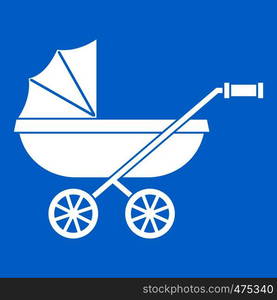 Baby carriage icon white isolated on blue background vector illustration. Baby carriage icon white