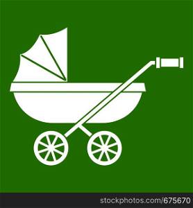 Baby carriage icon white isolated on green background. Vector illustration. Baby carriage icon green