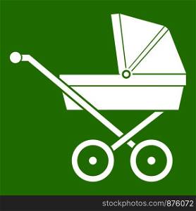 Baby carriage icon white isolated on green background. Vector illustration. Baby carriage icon green
