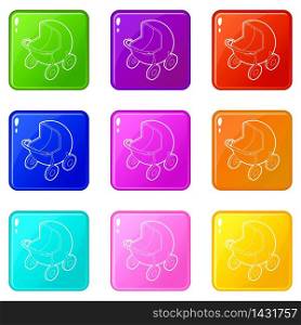 Baby carriage icons set 9 color collection isolated on white for any design. Baby carriage icons set 9 color collection