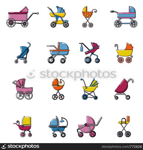 Baby carriage icons set. Cartoon illustration of 16 baby carriage vector icons for web. Baby carriage icons set, cartoon style