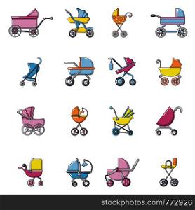 Baby carriage icons set. Cartoon illustration of 16 baby carriage vector icons for web. Baby carriage icons set, cartoon style