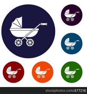 Baby carriage icons set in flat circle red, blue and green color for web. Baby carriage icons set
