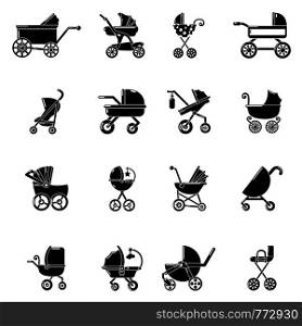 Baby carriage icons set. Simple illustration of 16 baby carriage vector icons for web. Baby carriage icons set, simple style