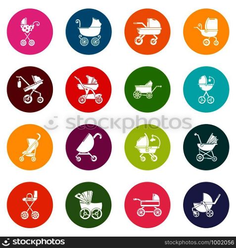 Baby carriage icons set vector colorful circles isolated on white background . Baby carriage icons set colorful circles vector
