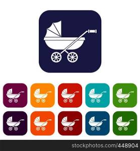 Baby carriage icons set vector illustration in flat style In colors red, blue, green and other. Baby carriage icons set flat