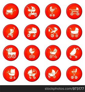 Baby carriage icons set vector red circle isolated on white background . Baby carriage icons set red vector