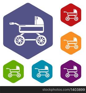 Baby carriage icons vector colorful hexahedron set collection isolated on white. Baby carriage icons vector hexahedron