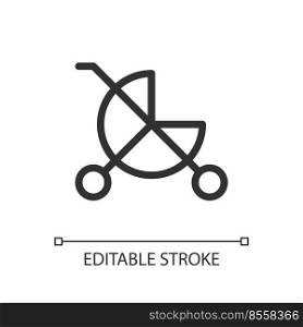 Baby carriage pixel perfect linear ui icon. Children goods department. Kid stroller. GUI, UX design. Outline isolated user interface element for app and web. Editable stroke. Arial font used. Baby carriage pixel perfect linear ui icon