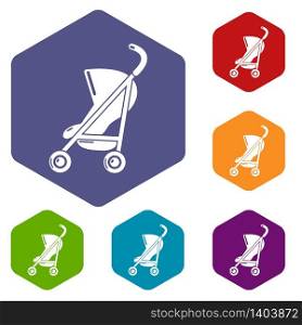 Baby carriage simple icons vector colorful hexahedron set collection isolated on white. Baby carriage simple icons vector hexahedron