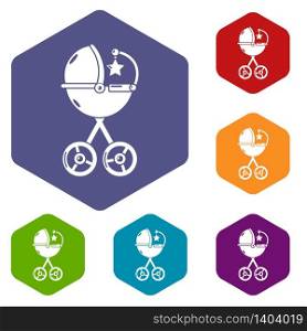 Baby carriage star icons vector colorful hexahedron set collection isolated on white. Baby carriage star icons vector hexahedron