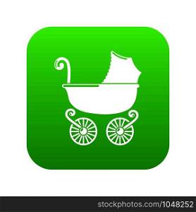 Baby carriage vintage icon green vector isolated on white background. Baby carriage vintage icon green vector