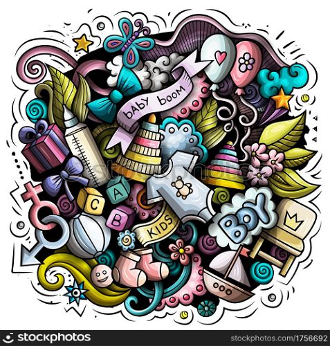 Baby cartoon doodle illustration. Funny children design. Creative art vector background. Baby boom elements and objects. Colorful composition. Baby cartoon doodle illustration. Funny children design.
