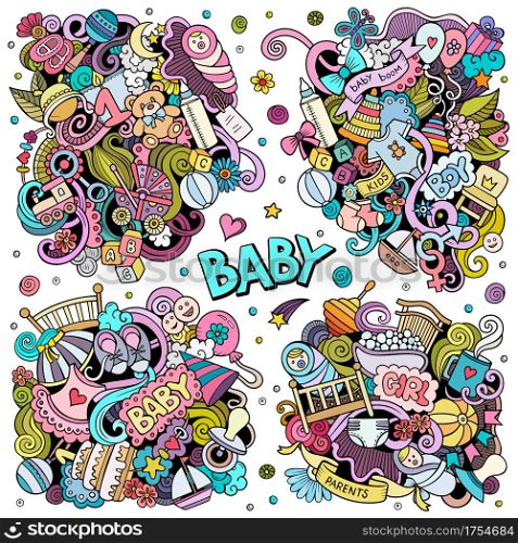 Baby cartoon vector doodle designs set. Colorful detailed compositions with lot of children objects and symbols. All items are separate. Baby cartoon vector doodle designs set.