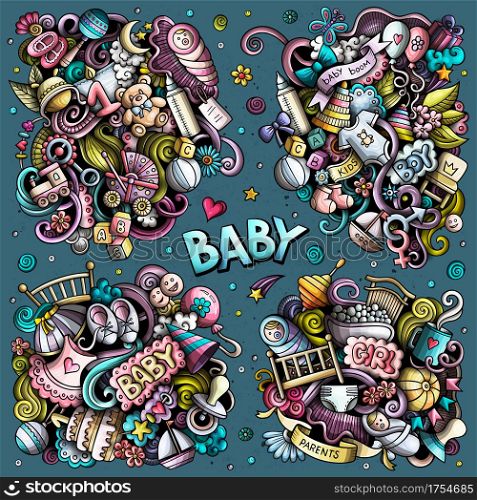 Baby cartoon vector doodle designs set. Colorful detailed compositions with lot of children objects and symbols. All items are separate. Baby cartoon vector doodle designs set.