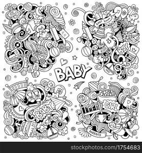 Baby cartoon vector doodle designs set. Line art detailed compositions with lot of children objects and symbols. All items are separate. Baby cartoon vector doodle designs set.