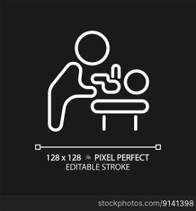 Baby changing room pixel perfect white linear icon for dark theme. Diaper table in public restroom. Convenience. Thin line illustration. Isolated symbol for night mode. Editable stroke. Baby changing room pixel perfect white linear icon for dark theme