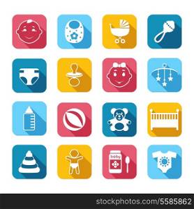 Baby child icons set with clothes food toys carriage bed crib vector illustration