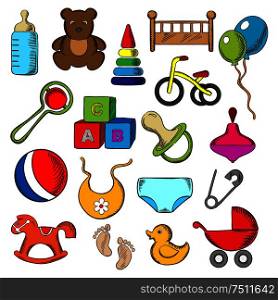 Baby, childish and childhood icons set with blue and black flat icons of toys, diaper, bottle, pacifier, rattle, stroller, cubes, ball, bed, bib, bicycle and rocking horse. Baby and childish toys icons