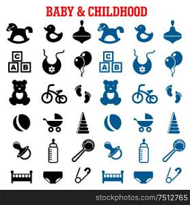Baby, childish and childhood icons set with blue and black flat icons of toys, diaper, bottle, pacifier, rattle, stroller, cubes, ball, bed, bib, bicycle and rocking horse . Baby and childish flat icons set