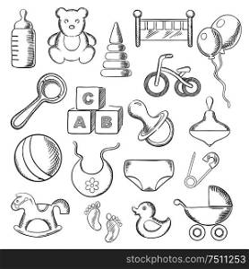 Baby, childish and childhood sketched icons with toys and diaper, bottle and pacifier, rattle and stroller, cubes and ball, bed and bib, bicycle and rocking horse. Vector sketch illustration. Baby, childhood and childish sketched icons