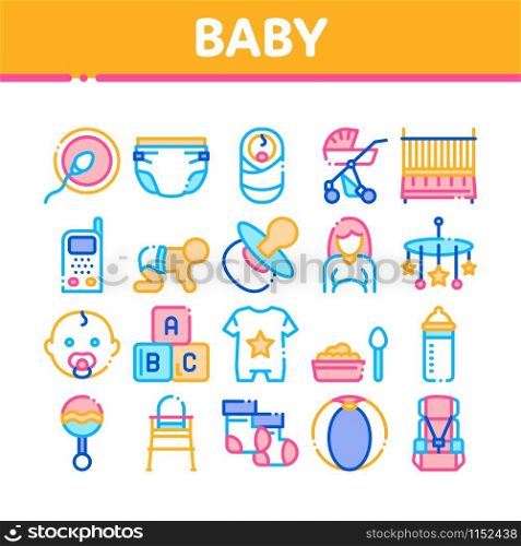 Baby Clothes And Tools Collection Icons Set Vector Thin Line. Baby And Pregnancy Woman, Stroller And Diaper, Toys And Nipple Concept Linear Pictograms. Color Contour Illustrations. Baby Clothes And Tools Collection Icons Set Vector
