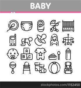 Baby Clothes And Tools Collection Icons Set Vector Thin Line. Baby And Pregnancy Woman, Stroller And Diaper, Toys And Nipple Concept Linear Pictograms. Monochrome Contour Illustrations. Baby Clothes And Tools Collection Icons Set Vector