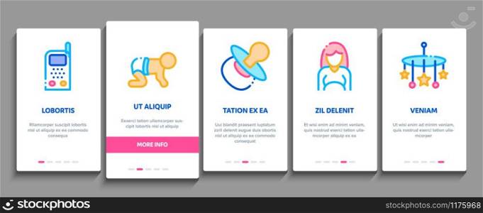 Baby Clothes And Tools Onboarding Mobile App Page Screen Vector. Baby And Pregnancy Woman, Stroller And Diaper, Toys And Nipple Concept Linear Pictograms. Color Contour Illustrations. Baby Clothes And Tools Onboarding Elements Icons Set Vector