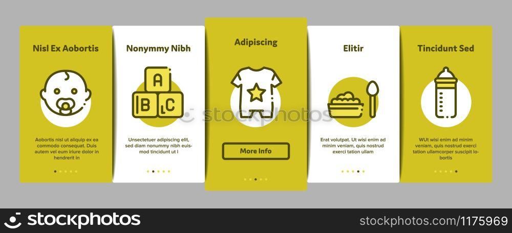 Baby Clothes And Tools Onboarding Mobile App Page Screen Vector. Baby And Pregnancy Woman, Stroller And Diaper, Toys And Nipple Concept Linear Pictograms. Color Contour Illustrations. Baby Clothes And Tools Onboarding Elements Icons Set Vector