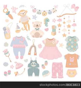 Baby clothes. Babies cloth, cute child dress and toys. Child fabric, isolated cartoon shoes, wear and hat. Kid, infant or newborn nowaday vector elements dress for cute kids illustration. Baby clothes. Babies cloth, cute child dress and toys. Child fabric, isolated cartoon shoes, wear and hat. Kid, infant or newborn nowaday vector elements