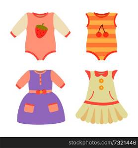 Baby clothes collection, poster with dresses and pockets, stretchie and jumpers with berries, baby clothes vector illustration, isolated on white. Baby Clothes Collection Dress Vector Illustration