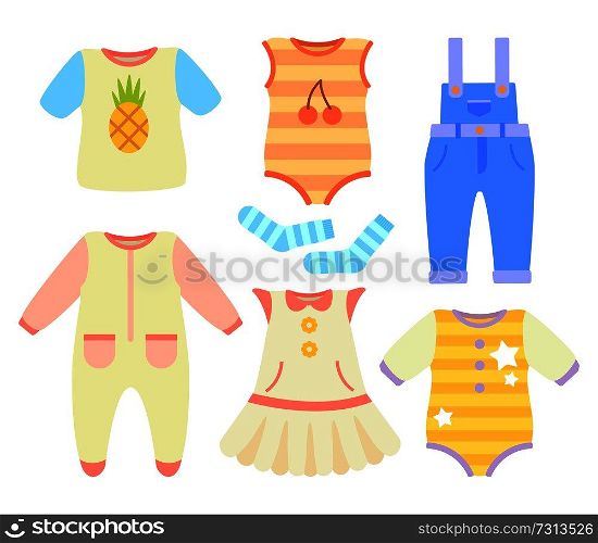 Baby clothes for boys and girls of natural fabric. Comfortable crawlers, cute dress, denim overalls and striped little socks vector illustrations set.. Baby Clothes for Boys and Girls of Natural Fabric