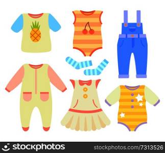 Baby clothes for boys and girls of natural fabric. Comfortable crawlers, cute dress, denim overalls and striped little socks vector illustrations set.. Baby Clothes for Boys and Girls of Natural Fabric