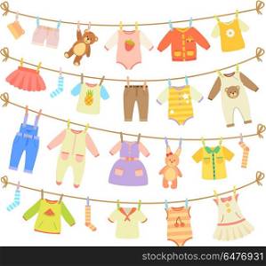 Baby Clothes Hanging on Rope Isolated Illustration. Various items of baby clothes and teddy bears hanging on rope isolated vector illustration on white background. Laundry held by plastic pegs drying