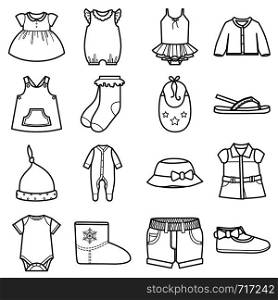 Baby clothes icons set.Clothing for girl. Isolated vector illustration on white background.