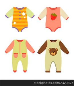 Baby clothes jumpers set, stretchie collection, baby clothes with prints of stars, strawberry and teddy bear, stripes and pockets vector illustration. Baby Clothes Jumpers Set, Vector Illustration