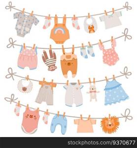 Baby clothes on rope. Newborn children apparel, socks, dress and toys hanging on clothesline. Kids laundry drying on clothespin vector set. Illustration baby clothing hang on rope, garment and wear. Baby clothes on rope. Newborn children apparel, socks, dress and toys hanging on clothesline. Kids laundry drying on clothespin vector set
