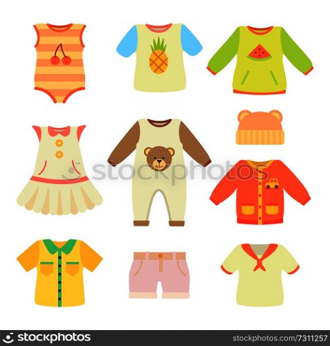 Baby clothes poster collection, warm hat and bodysuit with cherries, t-shirt with watermelon and clothes with pineapple print, vector illustration. Baby Clothes Poster Collection Vector Illustration