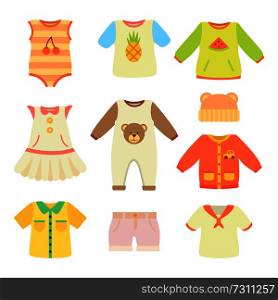 Baby clothes poster collection, warm hat and bodysuit with cherries, t-shirt with watermelon and clothes with pineapple print, vector illustration. Baby Clothes Poster Collection Vector Illustration