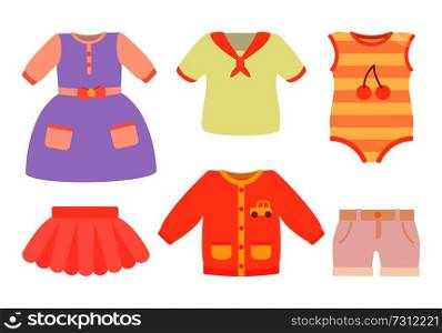Baby clothes poster with set of dress, skirt and t-shirts with pocket and car, bodysuit and cherry print, baby clothes isolated on vector illustration. Baby Clothes Poster and Set Vector Illustration
