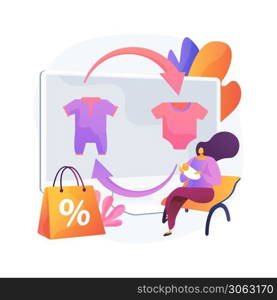 Baby clothes trade-in abstract concept vector illustration. Used kids toys and clothes in exchange for cash or coupons, child fashion store, second hand, baby gear, resale shop abstract metaphor.. Baby clothes trade-in abstract concept vector illustration.