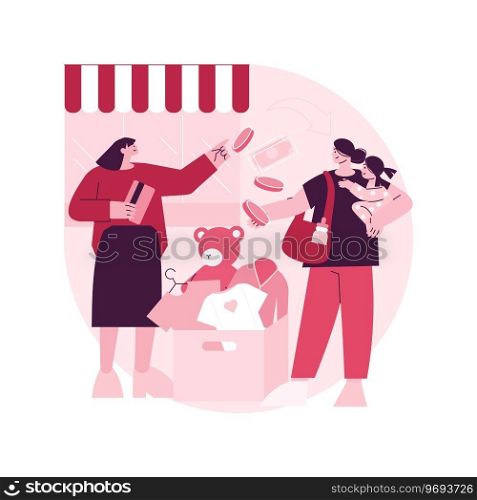 Baby clothes trade-in abstract concept vector illustration. Used kids toys and clothes in exchange for cash or coupons, child fashion store, second hand, baby gear, resale shop abstract metaphor.. Baby clothes trade-in abstract concept vector illustration.