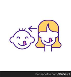 Baby copy facial expression RGB color icon. Developmental milestone for infant. Early childhood development stage. Parent with child. Emotional intelligence in kids. Isolated vector illustration. Baby copy facial expression RGB color icon
