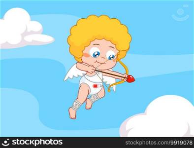 Baby Cupid Cartoon Character Shooting Heart Arrows. Vector Illustration With Sky Background