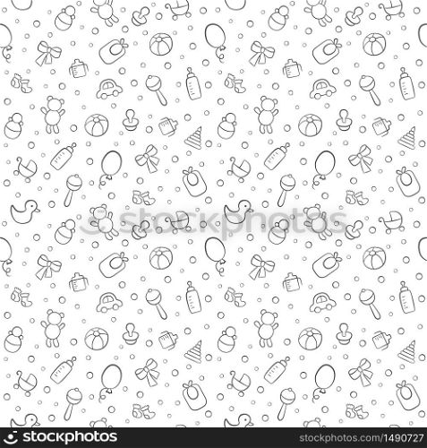 Baby cute seamless pattern. Children texture on white background. Vector illustration in doodle style.. Baby cute seamless pattern. Pink girl texture. Kid background. Vector illustration