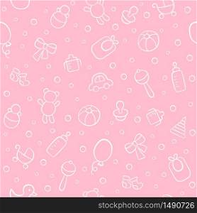 Baby cute seamless pattern. Pink girl texture. Kid background. Vector illustration in doodle style.. Baby cute seamless pattern. Pink girl texture. Kid background. Vector illustration