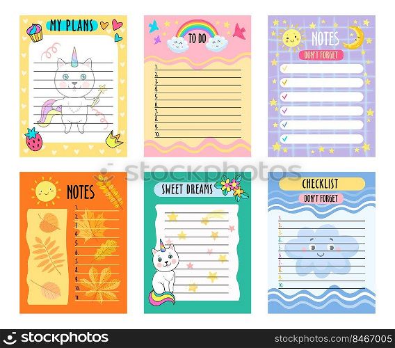 Baby daily planners with cute patterns set. Vector illustrations of memo for organized diary. Paper sheets with to do list, birthday dreams, calendar isolated on white. Printable kids planner concept. Baby daily planners with cute patterns set